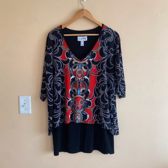 Joseph Ribkoff Womans Size 12 V Neck Layered Jersey Knit 3/4 Sleeve Tunic Artsy - Picture 2 of 11